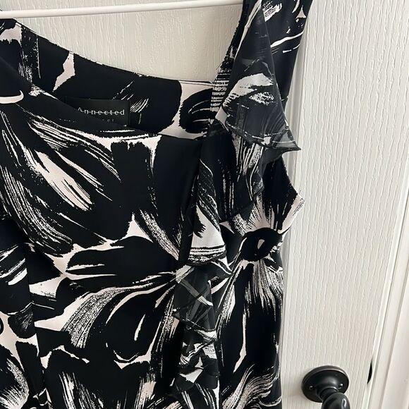 Connected Apparel floral black white dress ruffle asymmetrical cut top size 14 - Picture 3 of 9